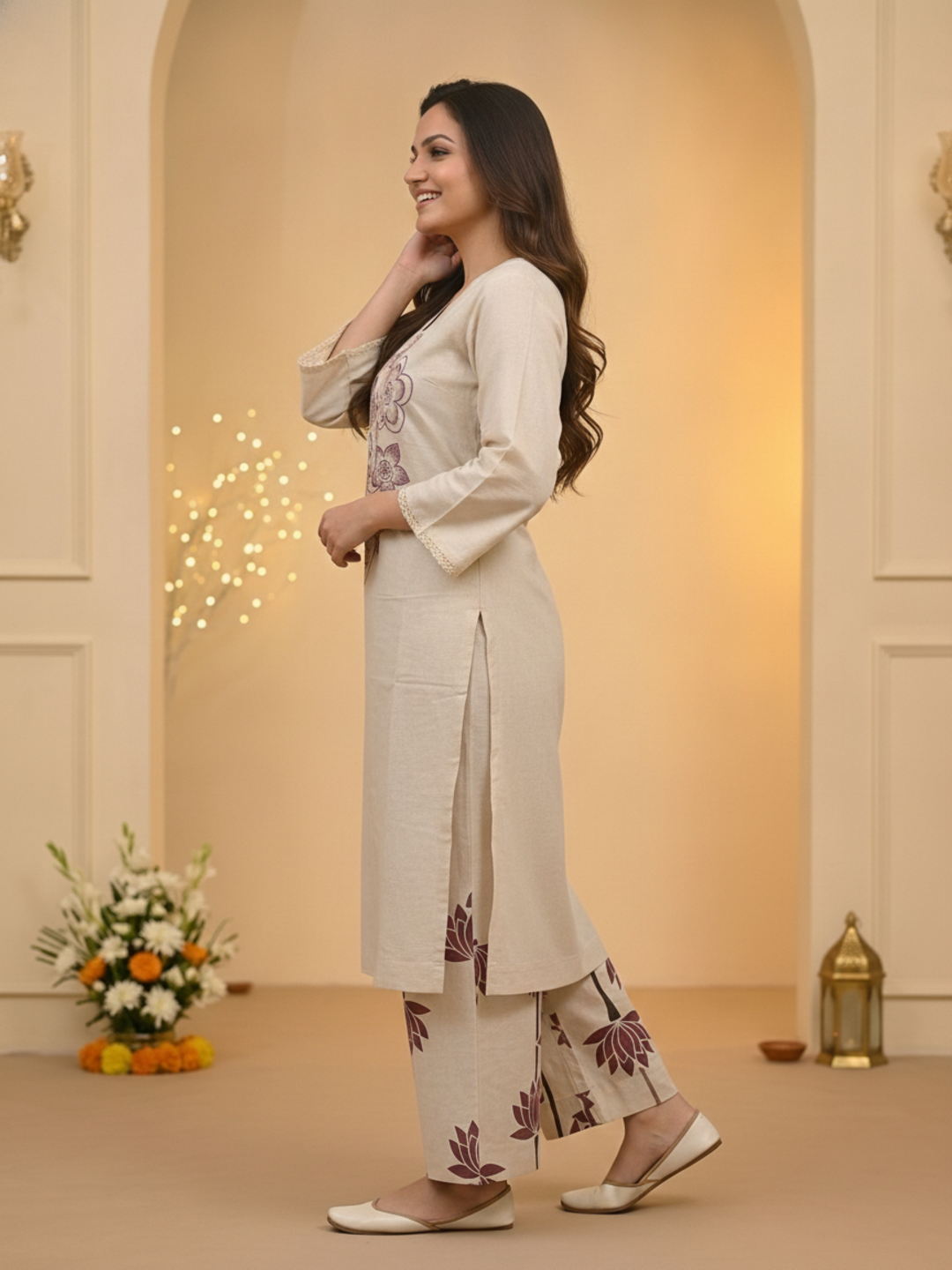 Off White Solid Cotton A-Line Kurta Set with Floral Thread Embroidery & Printed Palazzo