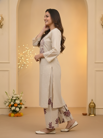 Off White Solid Cotton A-Line Kurta Set with Floral Thread Embroidery & Printed Palazzo