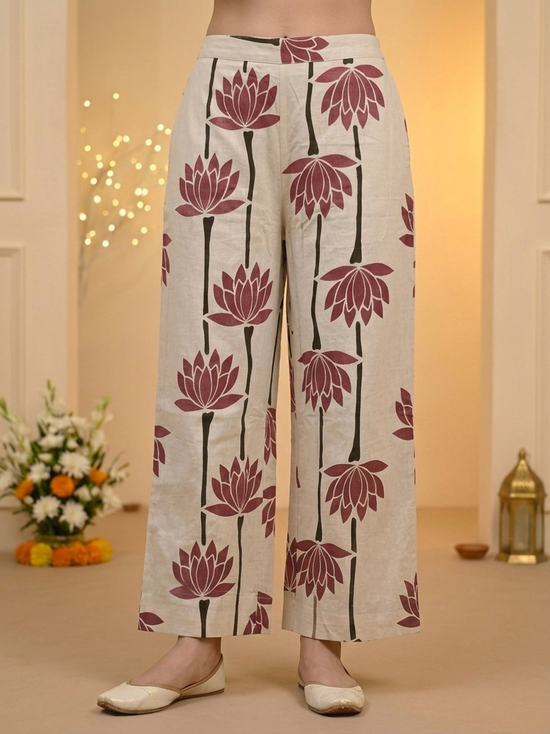 Off White Solid Cotton A-Line Kurta Set with Floral Thread Embroidery & Printed Palazzo