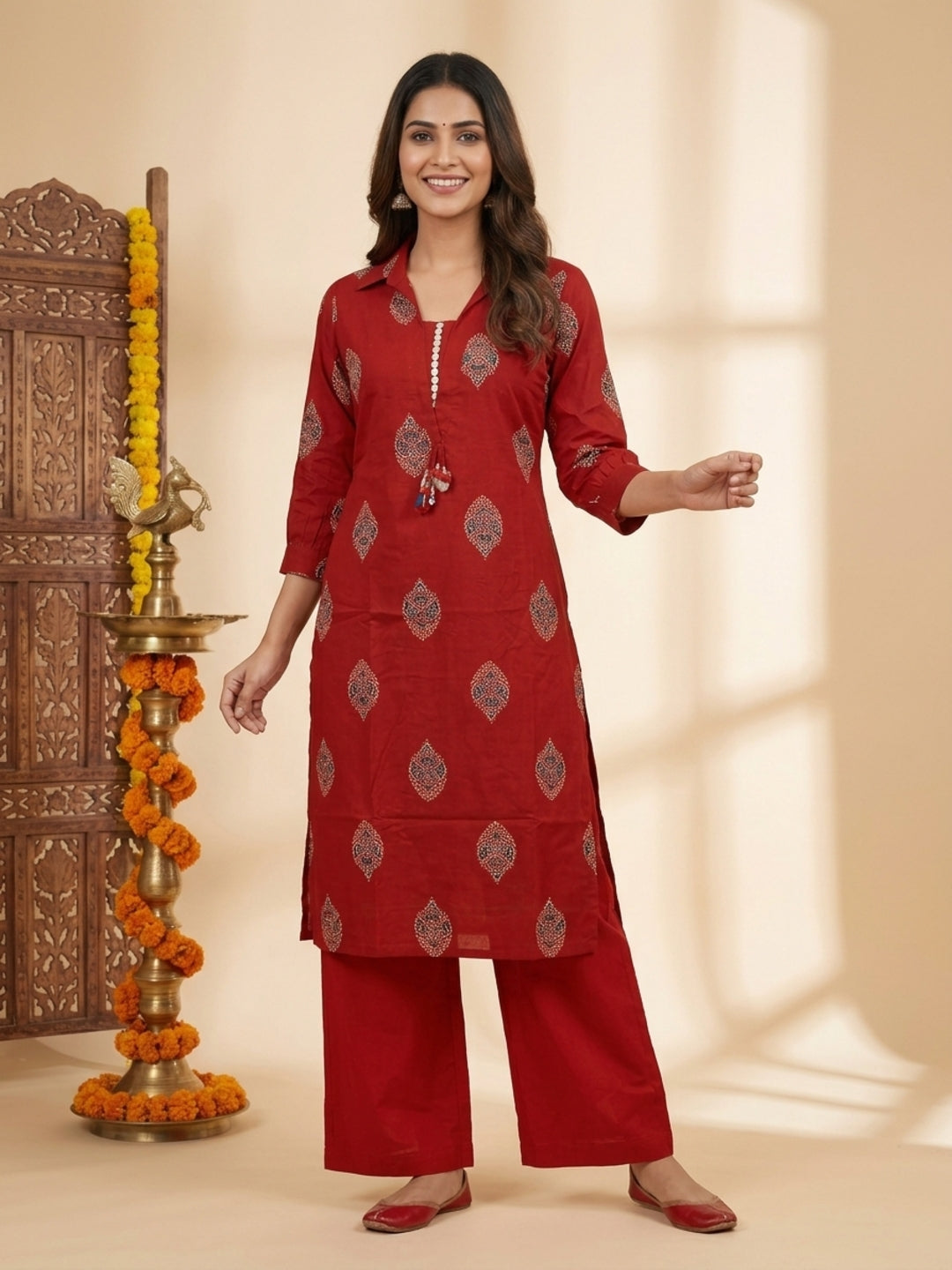 Red Ethnic Floral Print Cotton A-Line Kurta Set with Shirt Collar & Solid Palazzo