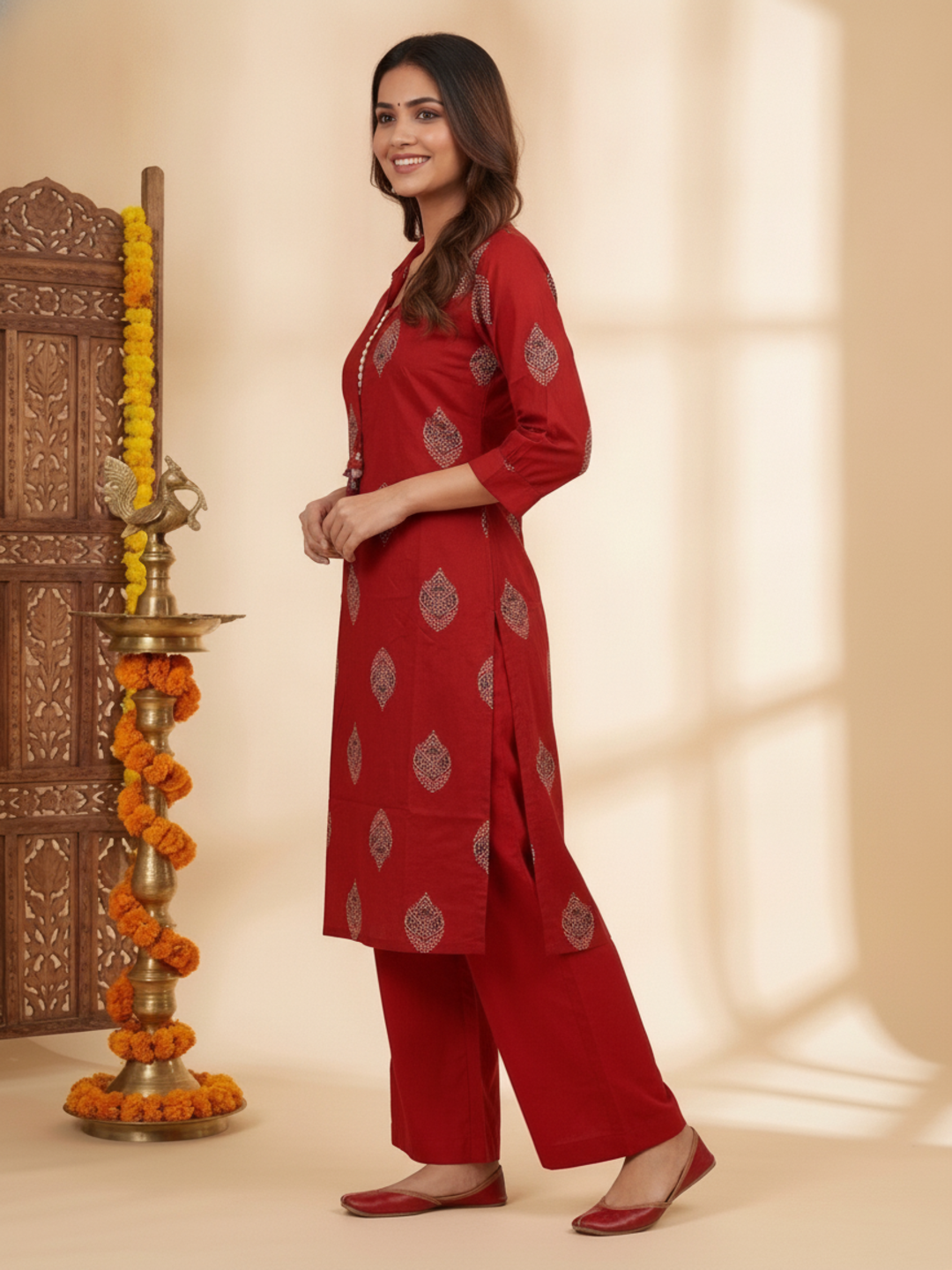 Red Ethnic Floral Print Cotton A-Line Kurta Set with Shirt Collar & Solid Palazzo