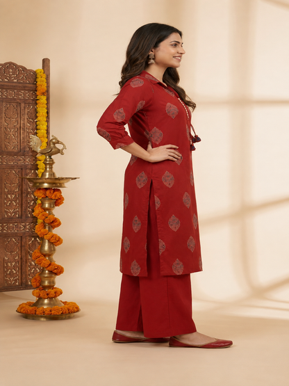 Red Ethnic Floral Print Cotton A-Line Kurta Set with Shirt Collar & Solid Palazzo