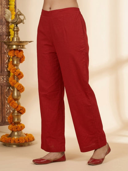 Red Ethnic Floral Print Cotton A-Line Kurta Set with Shirt Collar & Solid Palazzo