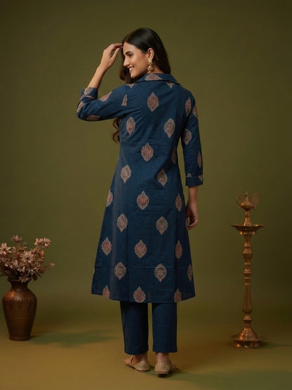 Blue Ethnic Floral Print Cotton A-Line Kurta Set with Shirt Collar & Solid Palazzo