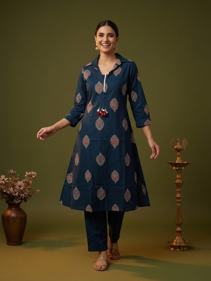 Blue Ethnic Floral Print Cotton A-Line Kurta Set with Shirt Collar & Solid Palazzo