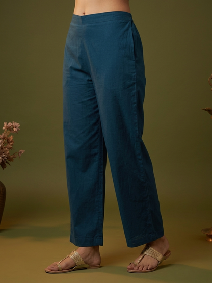Blue Ethnic Floral Print Cotton A-Line Kurta Set with Shirt Collar & Solid Palazzo