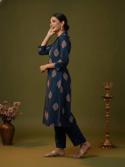 Blue Ethnic Floral Print Cotton A-Line Kurta Set with Shirt Collar & Solid Palazzo