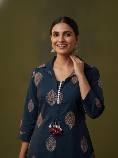 Blue Ethnic Floral Print Cotton A-Line Kurta Set with Shirt Collar & Solid Palazzo