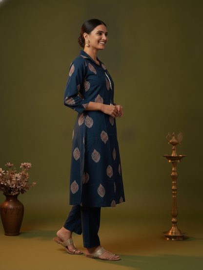 Blue Ethnic Floral Print Cotton A-Line Kurta Set with Shirt Collar & Solid Palazzo