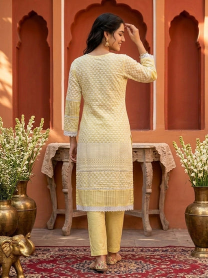 Yellow Solid Cotton Straight Kurta Set with Chikankari Embroidery, Palazzo & Organza Dupatta