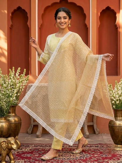 Yellow Solid Cotton Straight Kurta Set with Chikankari Embroidery, Palazzo & Organza Dupatta