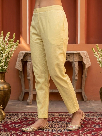 Yellow Solid Cotton Straight Kurta Set with Chikankari Embroidery, Palazzo & Organza Dupatta