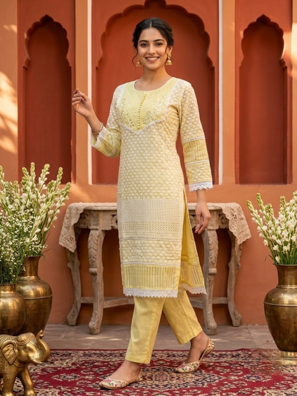 Yellow Solid Cotton Straight Kurta Set with Chikankari Embroidery, Palazzo & Organza Dupatta