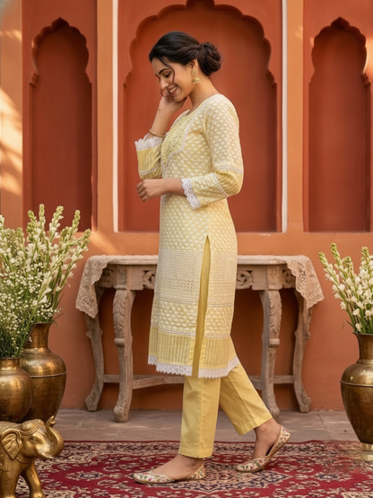 Yellow Solid Cotton Straight Kurta Set with Chikankari Embroidery, Palazzo & Organza Dupatta