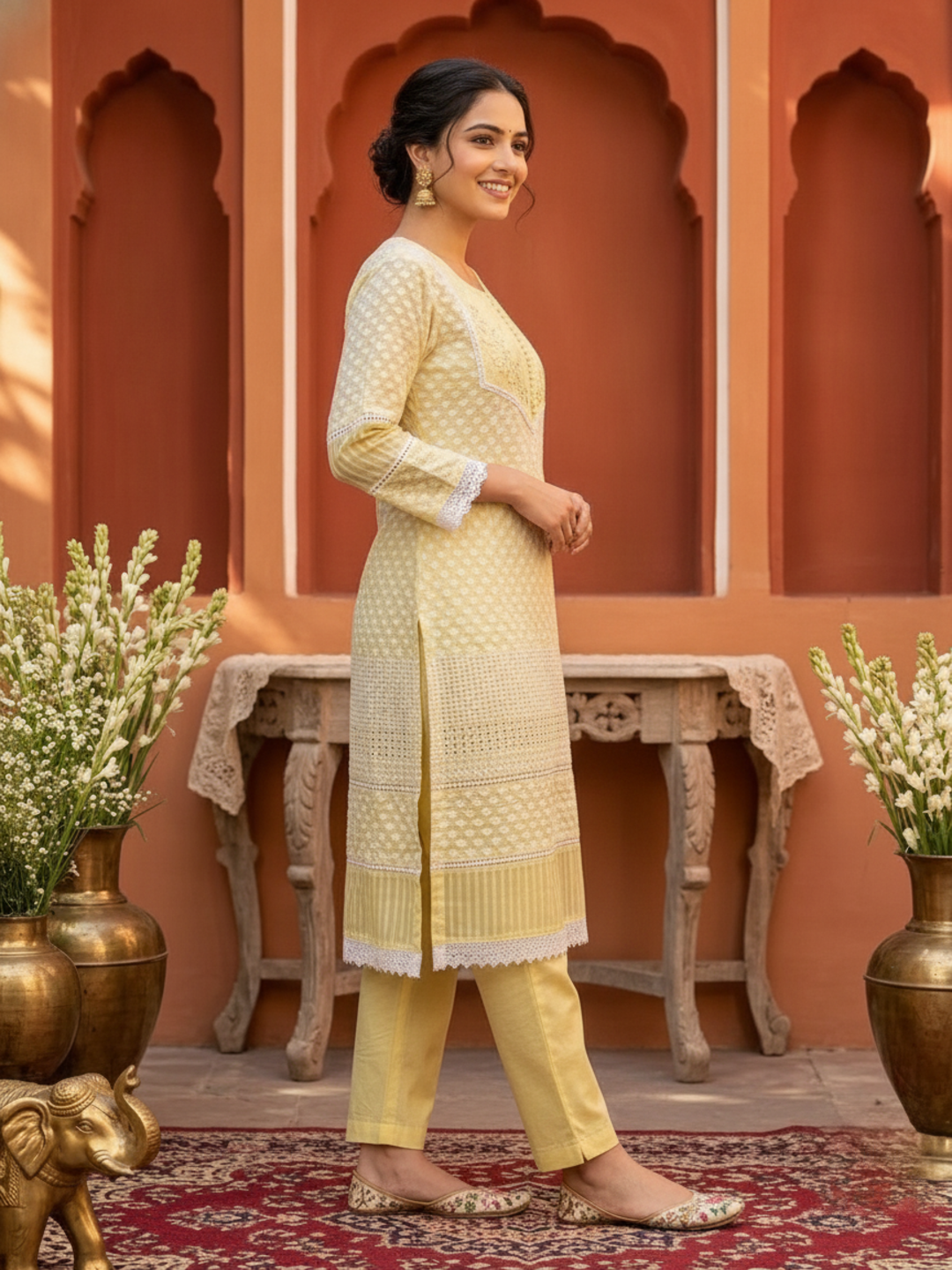 Yellow Solid Cotton Straight Kurta Set with Chikankari Embroidery, Palazzo & Organza Dupatta