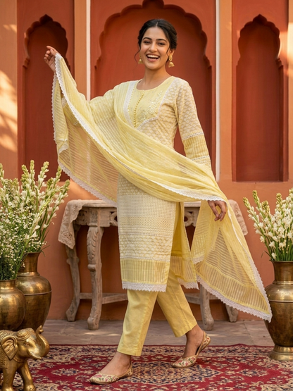 Yellow Solid Cotton Straight Kurta Set with Chikankari Embroidery, Palazzo & Organza Dupatta