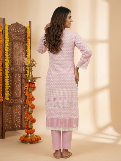 Pink Solid Cotton Straight Kurta Set with Chikankari Embroidery, Pant & Organza Dupatta