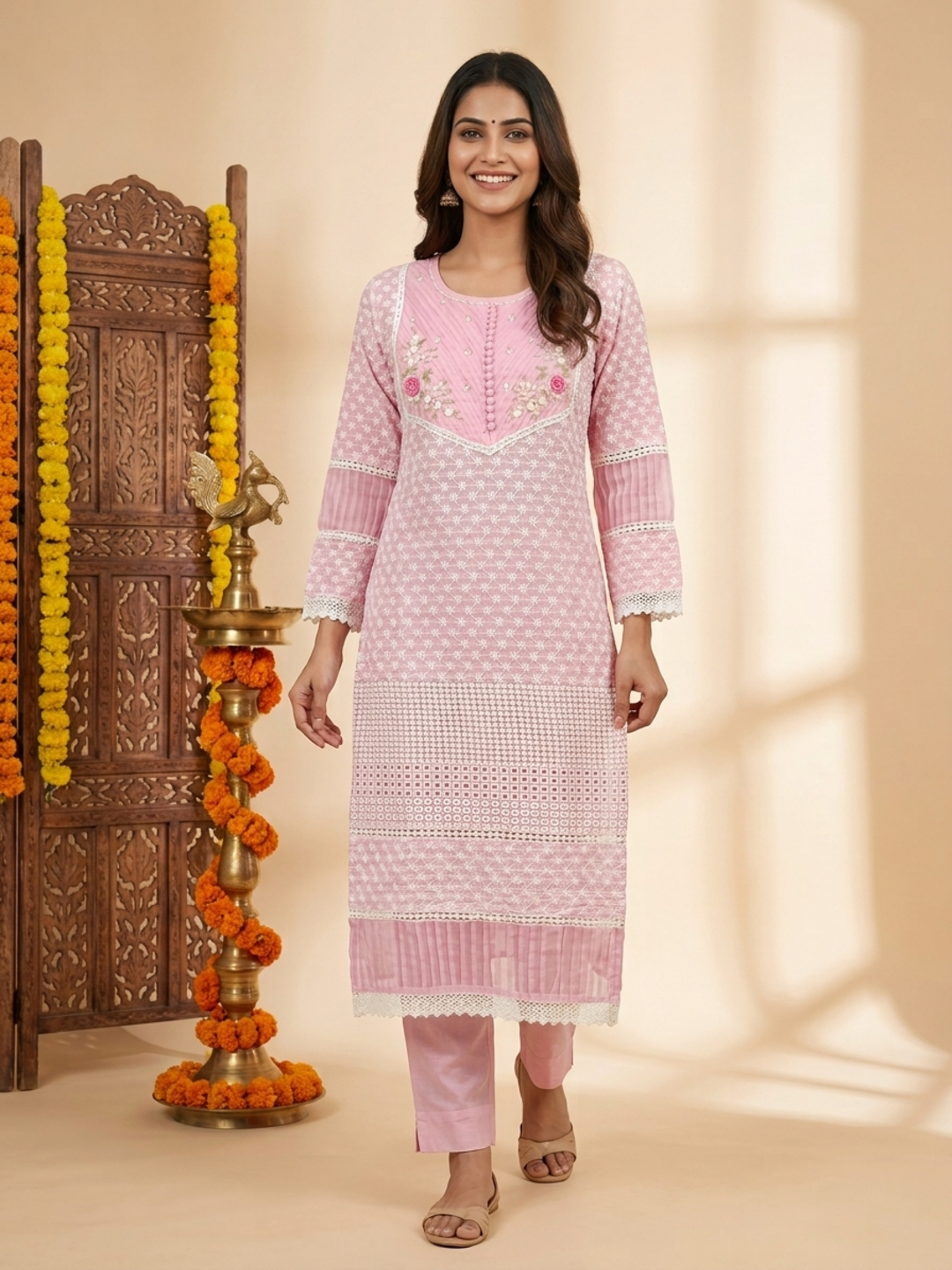 Pink Solid Cotton Straight Kurta Set with Chikankari Embroidery, Pant & Organza Dupatta