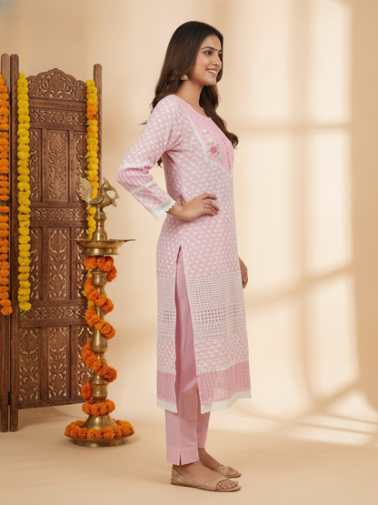 Pink Solid Cotton Straight Kurta Set with Chikankari Embroidery, Pant & Organza Dupatta