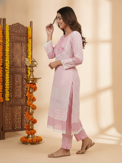 Pink Solid Cotton Straight Kurta Set with Chikankari Embroidery, Pant & Organza Dupatta