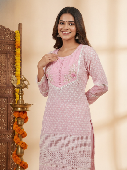 Pink Solid Cotton Straight Kurta Set with Chikankari Embroidery, Pant & Organza Dupatta