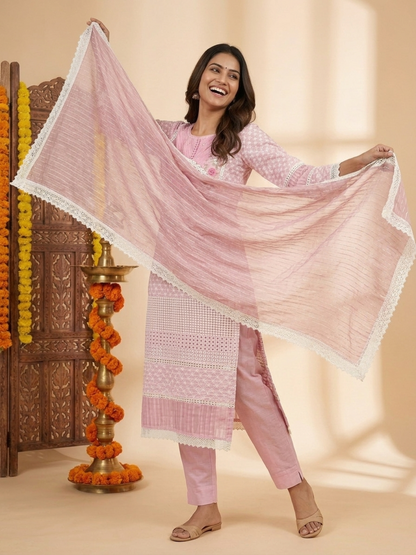 Pink Solid Cotton Straight Kurta Set with Chikankari Embroidery, Pant & Organza Dupatta