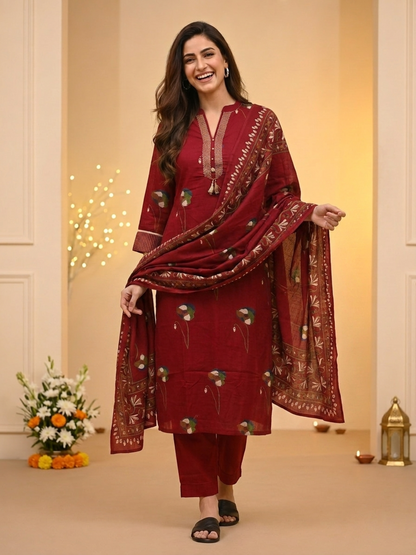 Maroon Floral Print Cotton Straight Kurta Set with Mandarin Collar, Palazzo & Dupatta