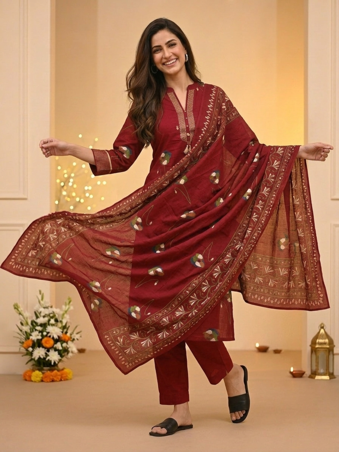 Maroon Floral Print Cotton Straight Kurta Set with Mandarin Collar, Palazzo & Dupatta