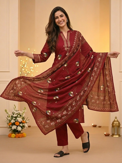 Maroon Floral Print Cotton Straight Kurta Set with Mandarin Collar, Palazzo & Dupatta