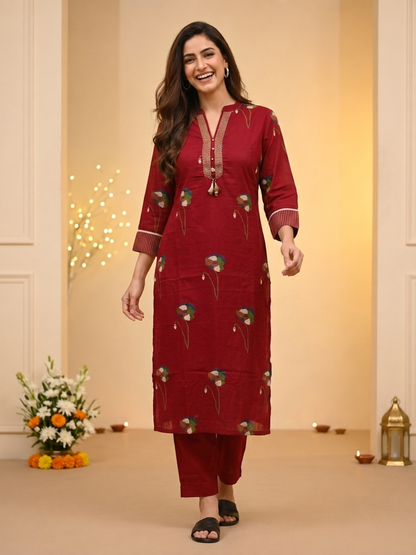 Maroon Floral Print Cotton Straight Kurta Set with Mandarin Collar, Palazzo & Dupatta