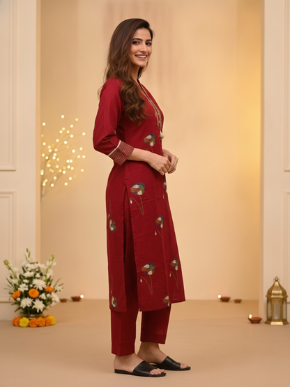 Maroon Floral Print Cotton Straight Kurta Set with Mandarin Collar, Palazzo & Dupatta