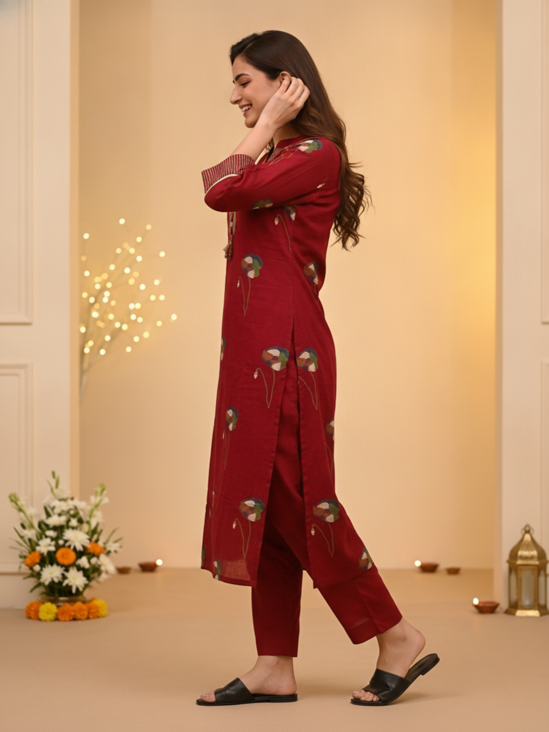 Maroon Floral Print Cotton Straight Kurta Set with Mandarin Collar, Palazzo & Dupatta