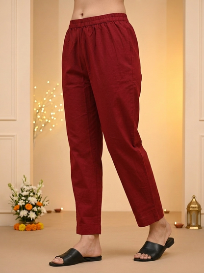 Maroon Floral Print Cotton Straight Kurta Set with Mandarin Collar, Palazzo & Dupatta