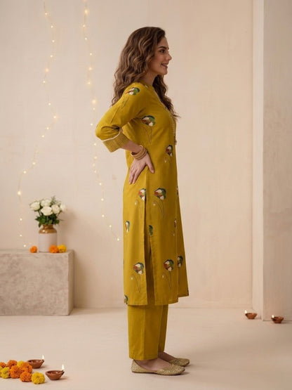 Mustard Yellow Floral Print Cotton Straight Kurta Set with Mandarin Collar, Palazzo & Dupatta