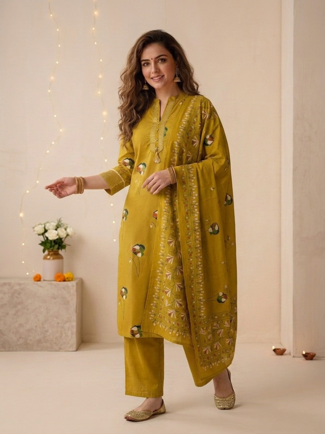 Mustard Yellow Floral Print Cotton Straight Kurta Set with Mandarin Collar, Palazzo & Dupatta