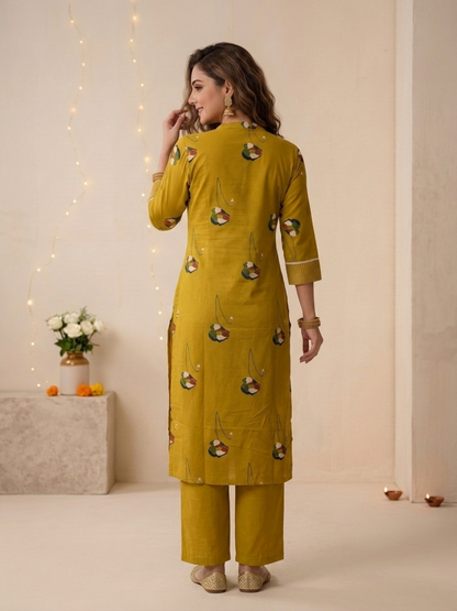 Mustard Yellow Floral Print Cotton Straight Kurta Set with Mandarin Collar, Palazzo & Dupatta