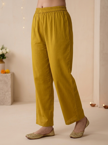 Mustard Yellow Floral Print Cotton Straight Kurta Set with Mandarin Collar, Palazzo & Dupatta
