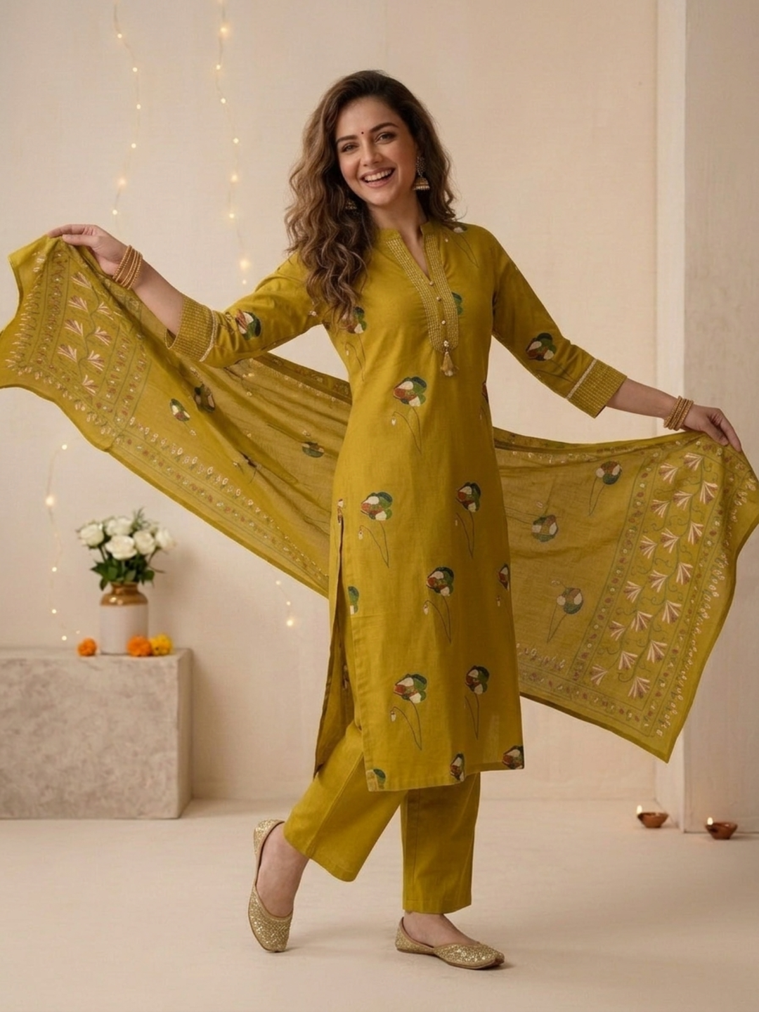 Mustard Yellow Floral Print Cotton Straight Kurta Set with Mandarin Collar, Palazzo & Dupatta