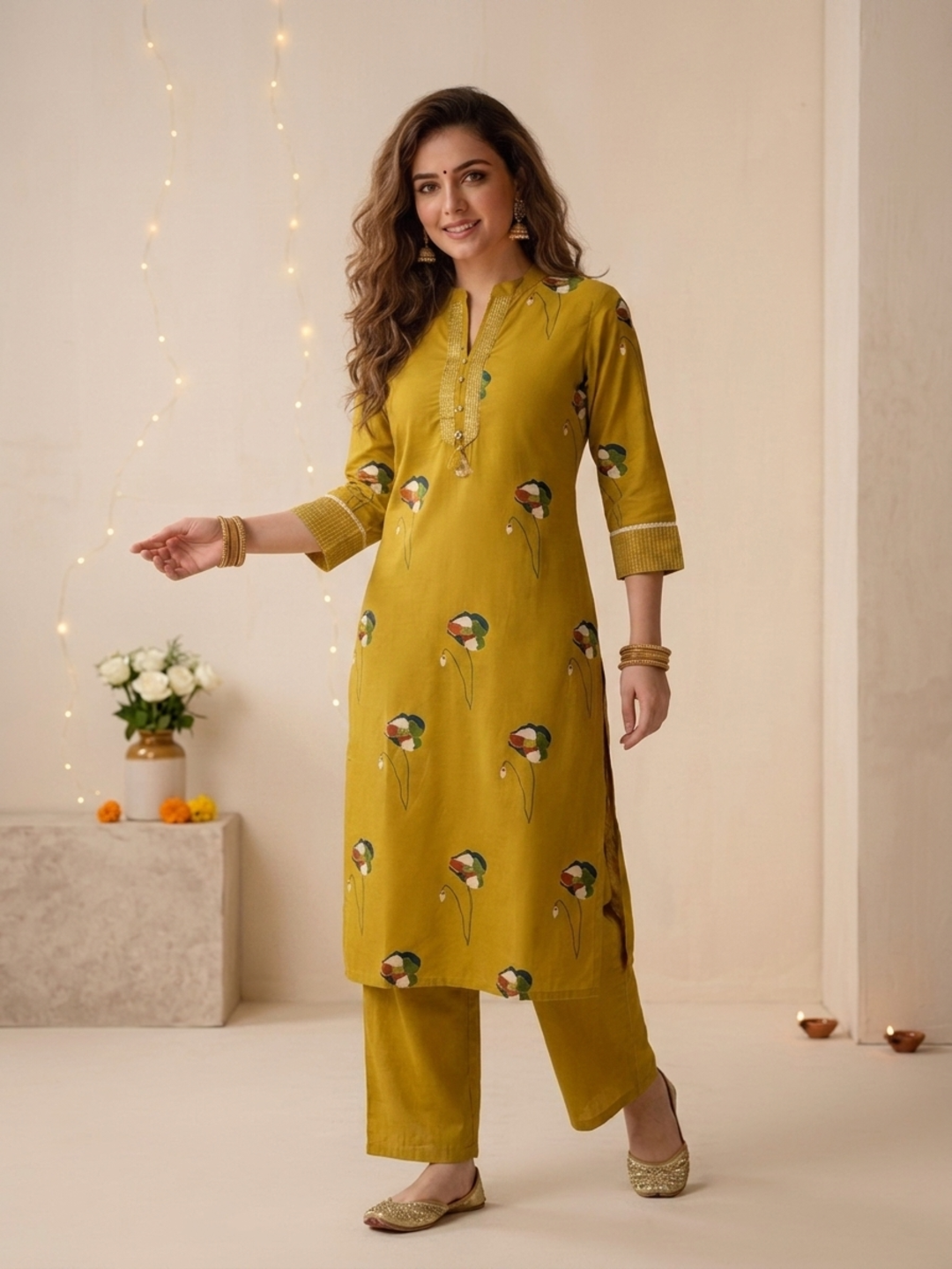 Mustard Yellow Floral Print Cotton Straight Kurta Set with Mandarin Collar, Palazzo & Dupatta