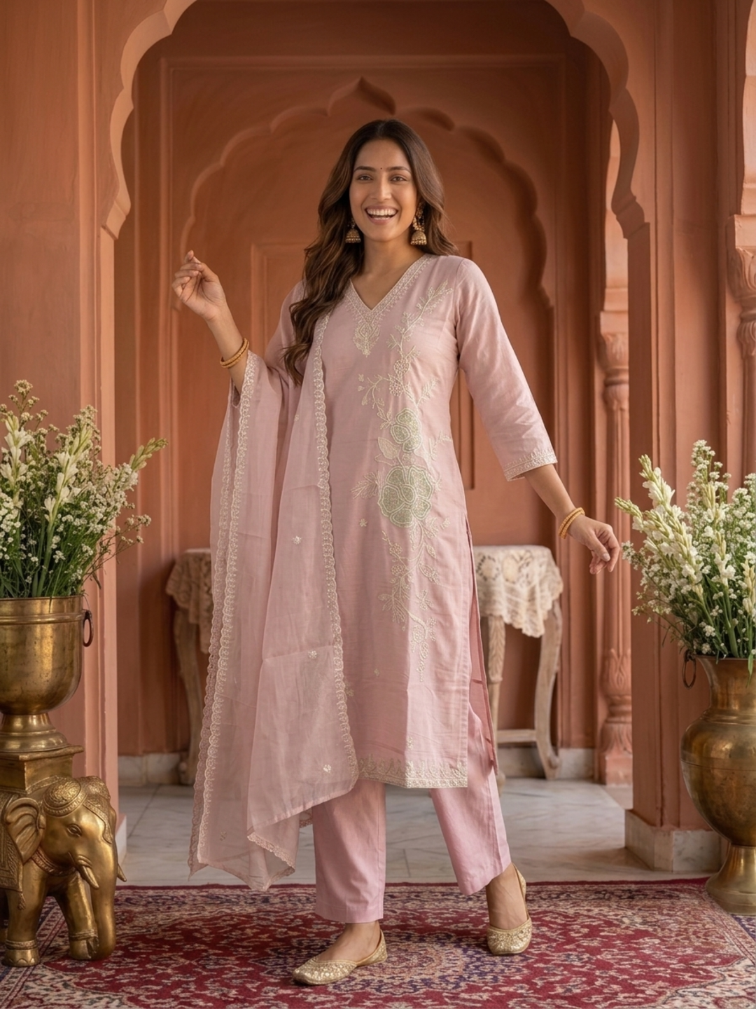 Blush Pink Solid Chanderi Silk Straight Kurta Set with Floral Zari Embroidery, Pant & Embroidered Chanderi Dupatta