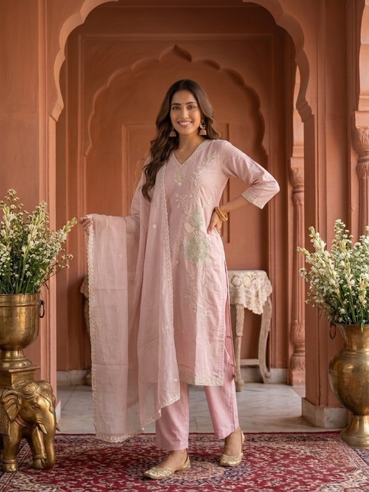 Blush Pink Solid Chanderi Silk Straight Kurta Set with Floral Zari Embroidery, Pant & Embroidered Chanderi Dupatta