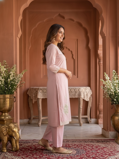 Blush Pink Solid Chanderi Silk Straight Kurta Set with Floral Zari Embroidery, Pant & Embroidered Chanderi Dupatta
