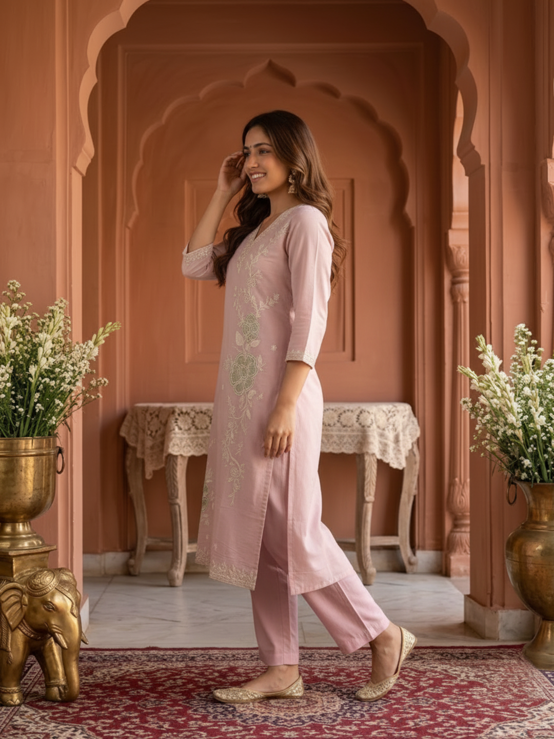 Blush Pink Solid Chanderi Silk Straight Kurta Set with Floral Zari Embroidery, Pant & Embroidered Chanderi Dupatta