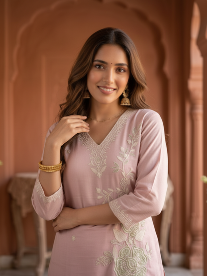 Blush Pink Solid Chanderi Silk Straight Kurta Set with Floral Zari Embroidery, Pant & Embroidered Chanderi Dupatta