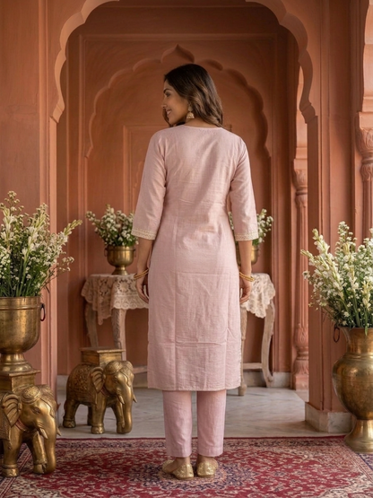 Blush Pink Solid Chanderi Silk Straight Kurta Set with Floral Zari Embroidery, Pant & Embroidered Chanderi Dupatta