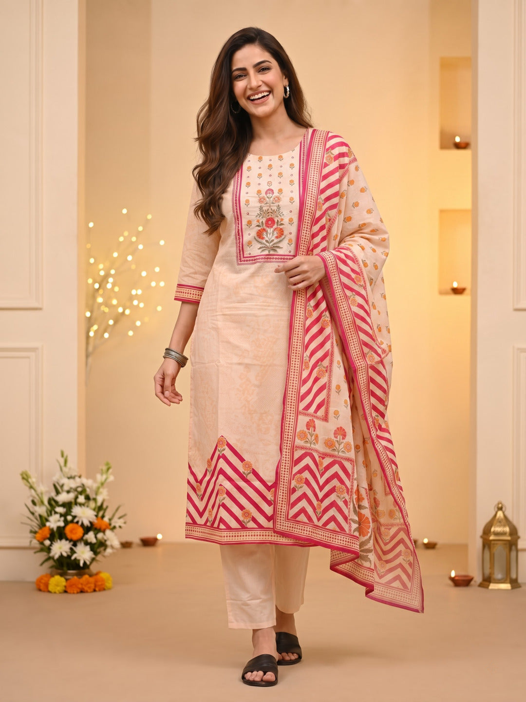 Peach Ethnic Floral Print Cotton Straight Kurta Set with Cutdana Embroidery, Pant & Printed Dupatta