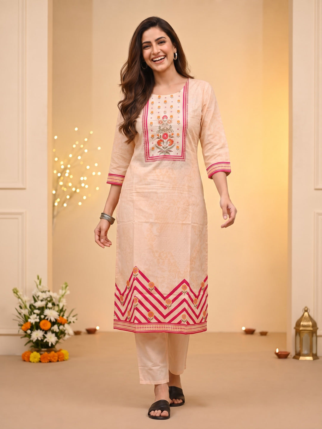 Peach Ethnic Floral Print Cotton Straight Kurta Set with Cutdana Embroidery, Pant & Printed Dupatta