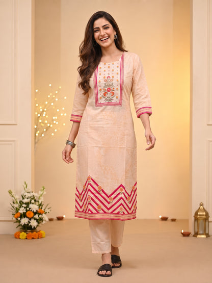 Peach Ethnic Floral Print Cotton Straight Kurta Set with Cutdana Embroidery, Pant & Printed Dupatta