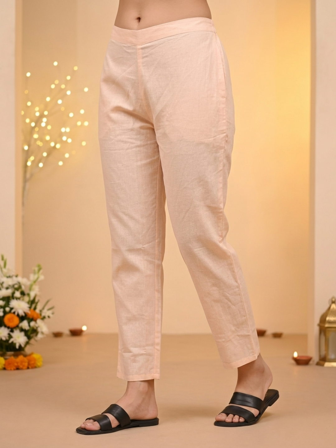Peach Ethnic Floral Print Cotton Straight Kurta Set with Cutdana Embroidery, Pant & Printed Dupatta