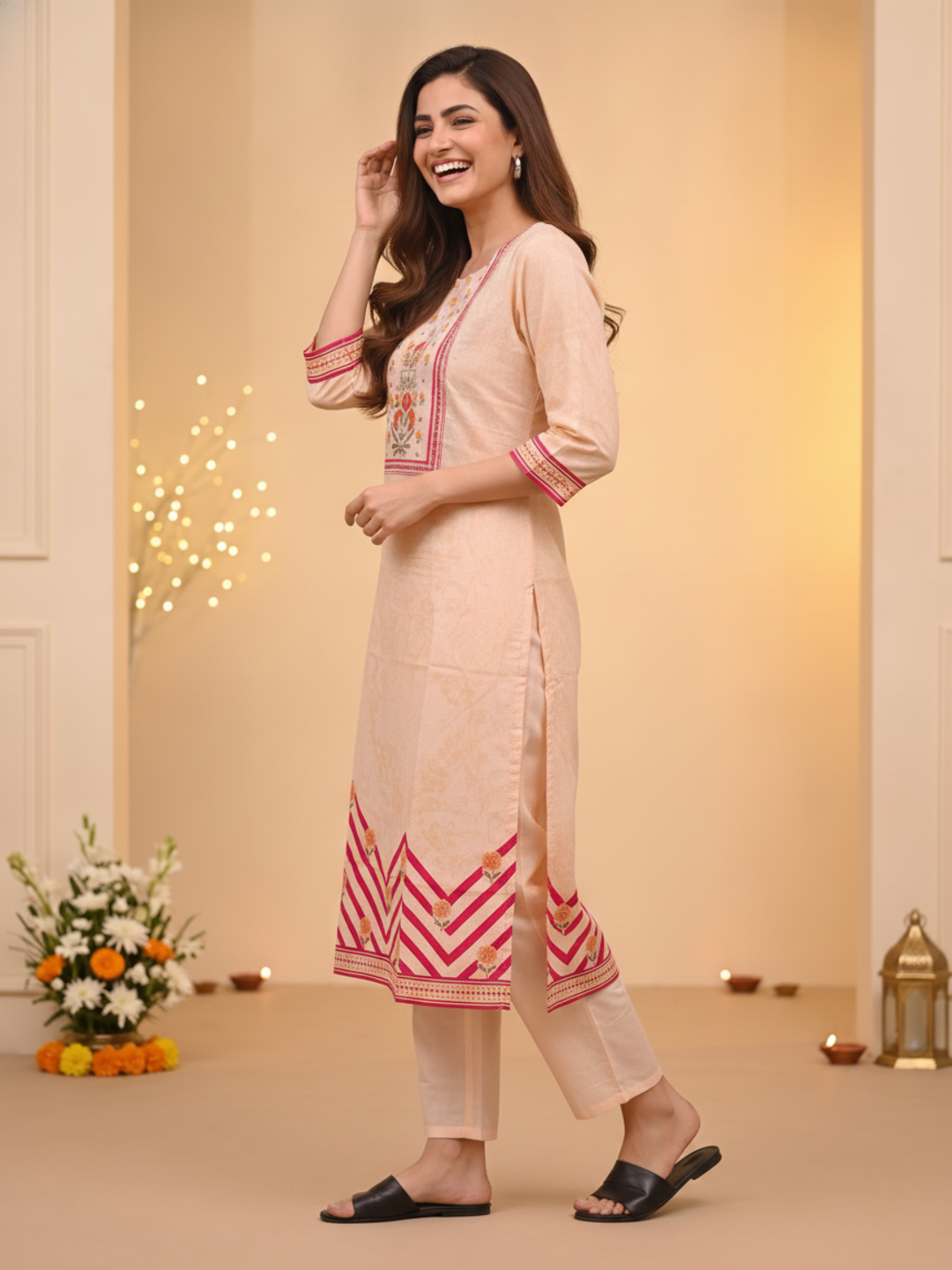Peach Ethnic Floral Print Cotton Straight Kurta Set with Cutdana Embroidery, Pant & Printed Dupatta